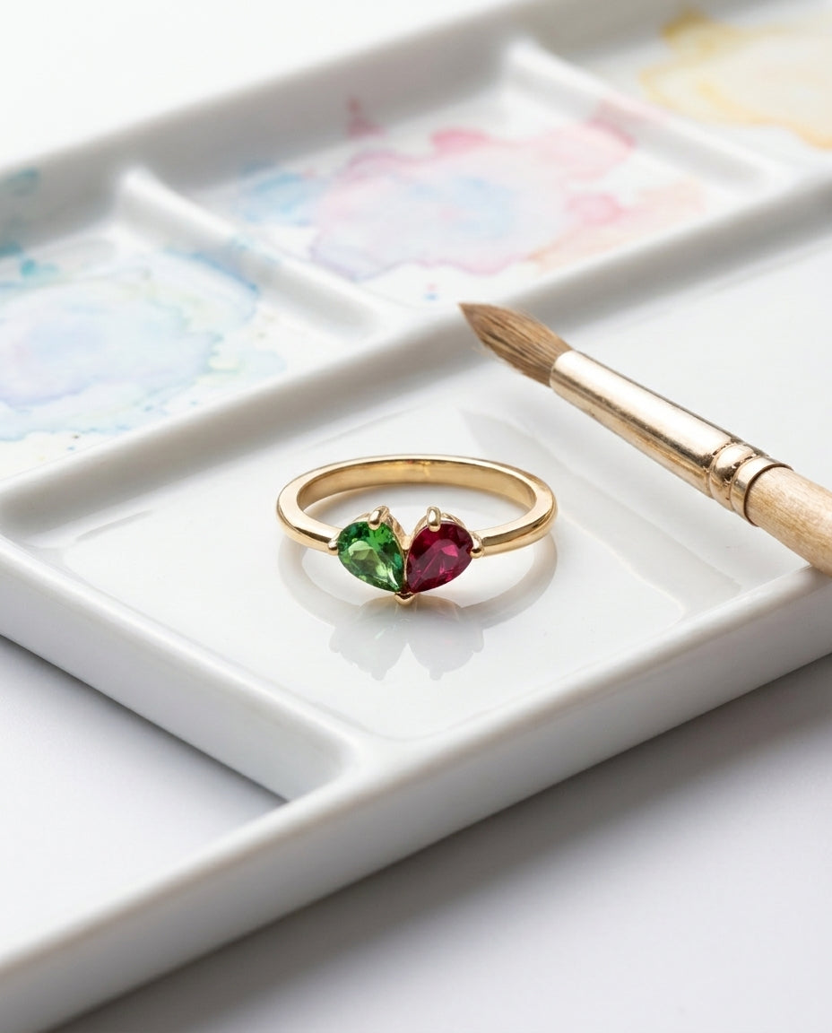 Romantic Toi et Moi Ring with Dual Pear Birthstone