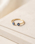 Gold Double Evil Eye Open Cuff Ring