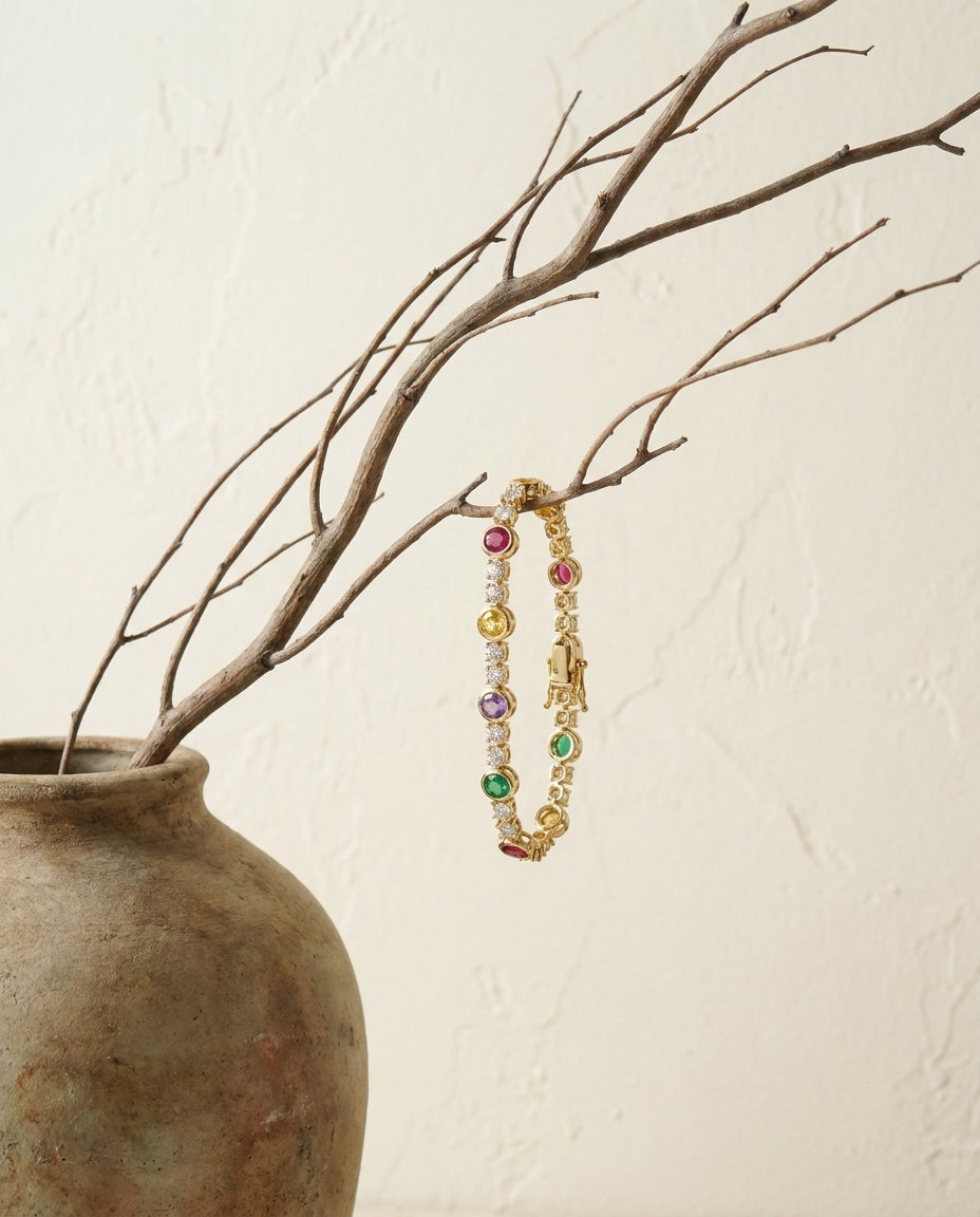 Radiant Rainbow Gemstone Tennis Bracelet in Gold - Birthstone Jewelry