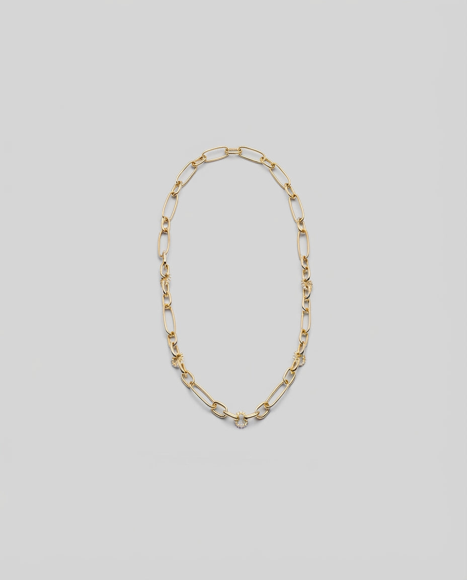Gold Paperclip Chain Necklace with Sparkling CZ Accents
