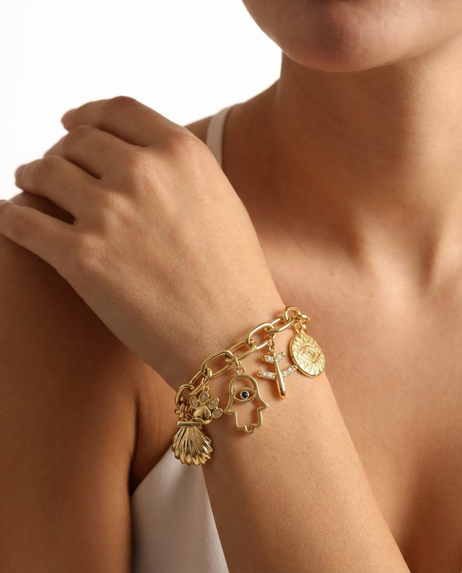 Gold Charm Bracelet with Evil Eye, Paw & Shell Bracelet - Charm Bracelet