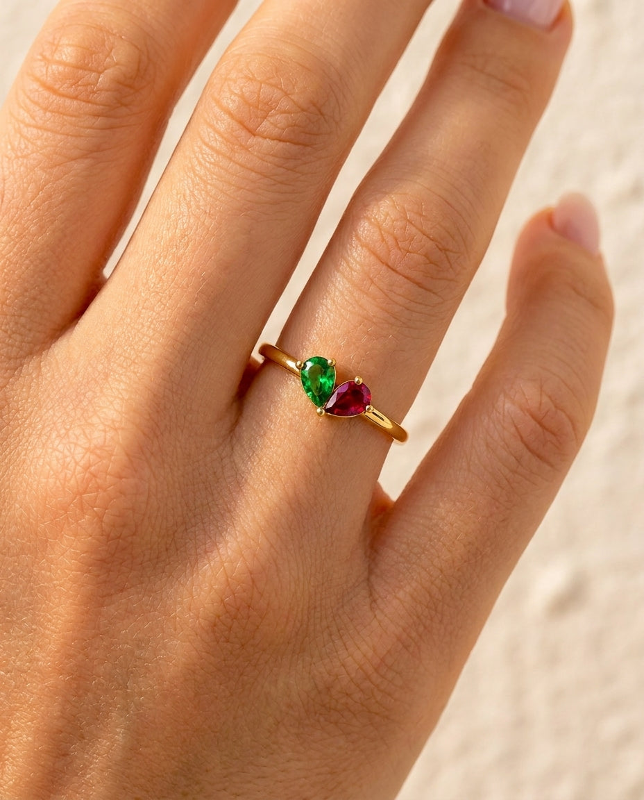Romantic Toi et Moi Ring with Dual Pear Birthstone