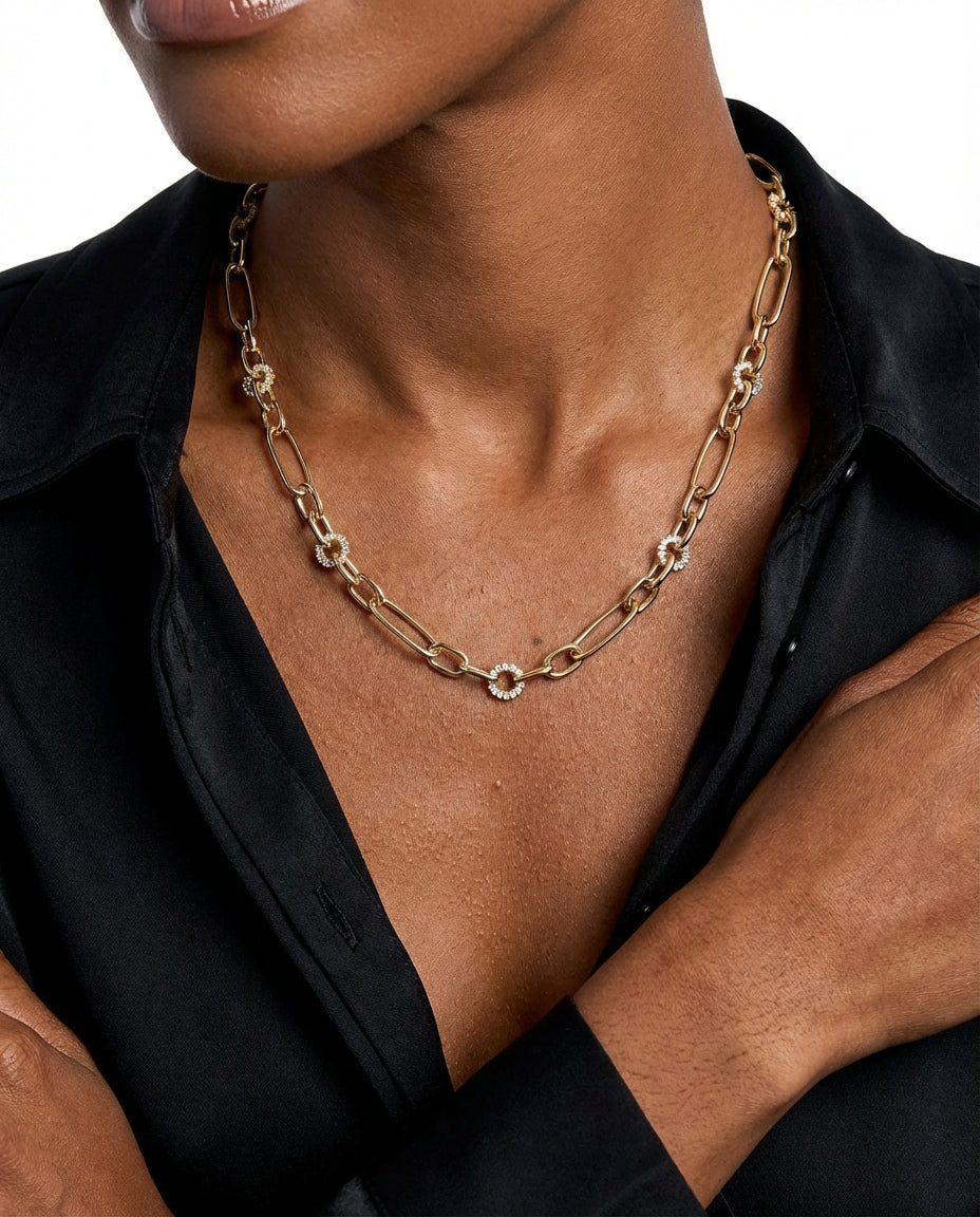 Gold Paperclip Chain Necklace with Sparkling CZ Accents