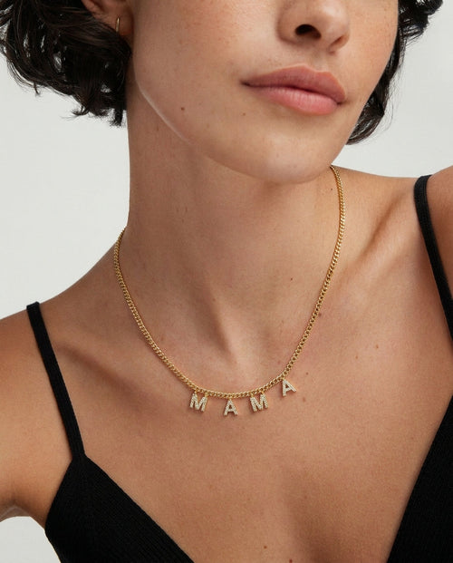 Pave Diamond MAMA Letter Necklace - Gold Curb Chain