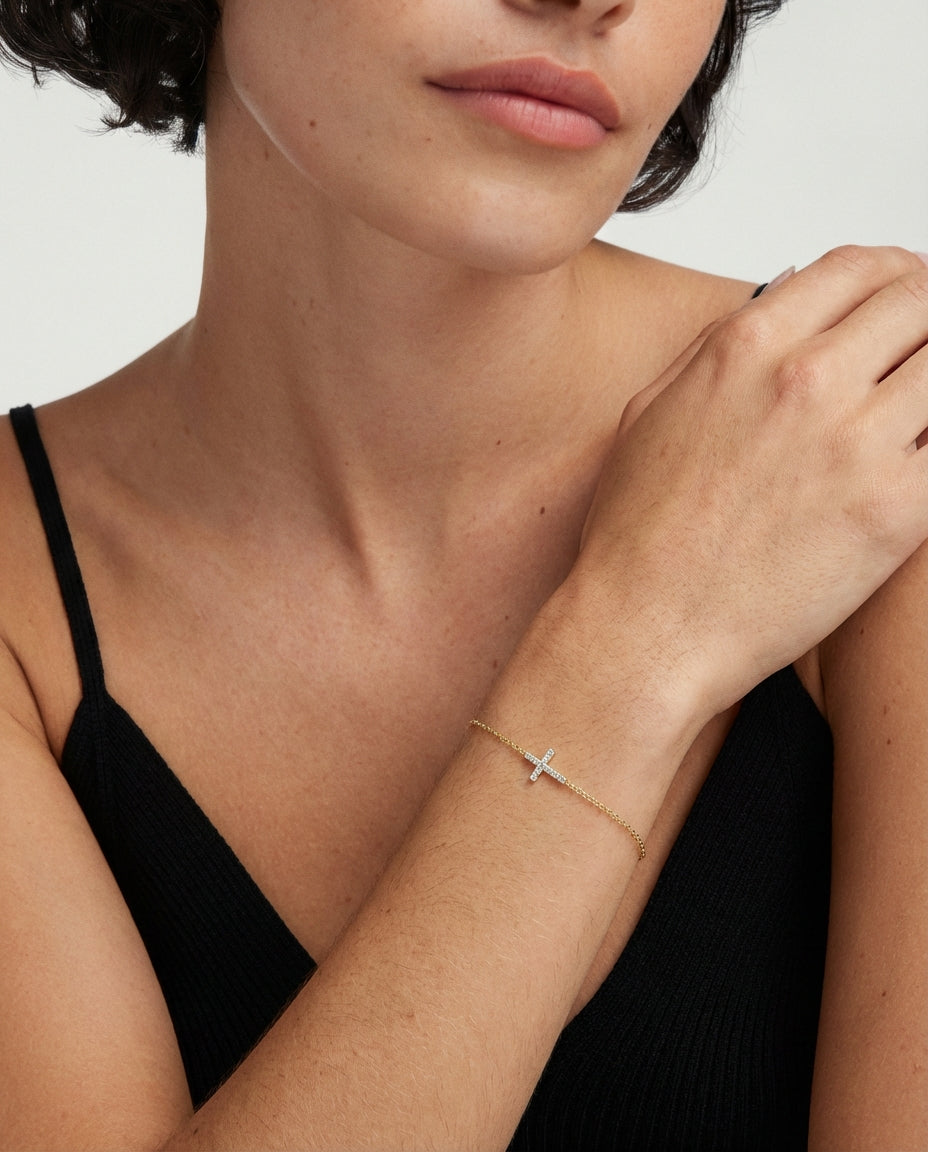 Dainty Sideways Cross Bracelet in Gold - Faith Jewelry