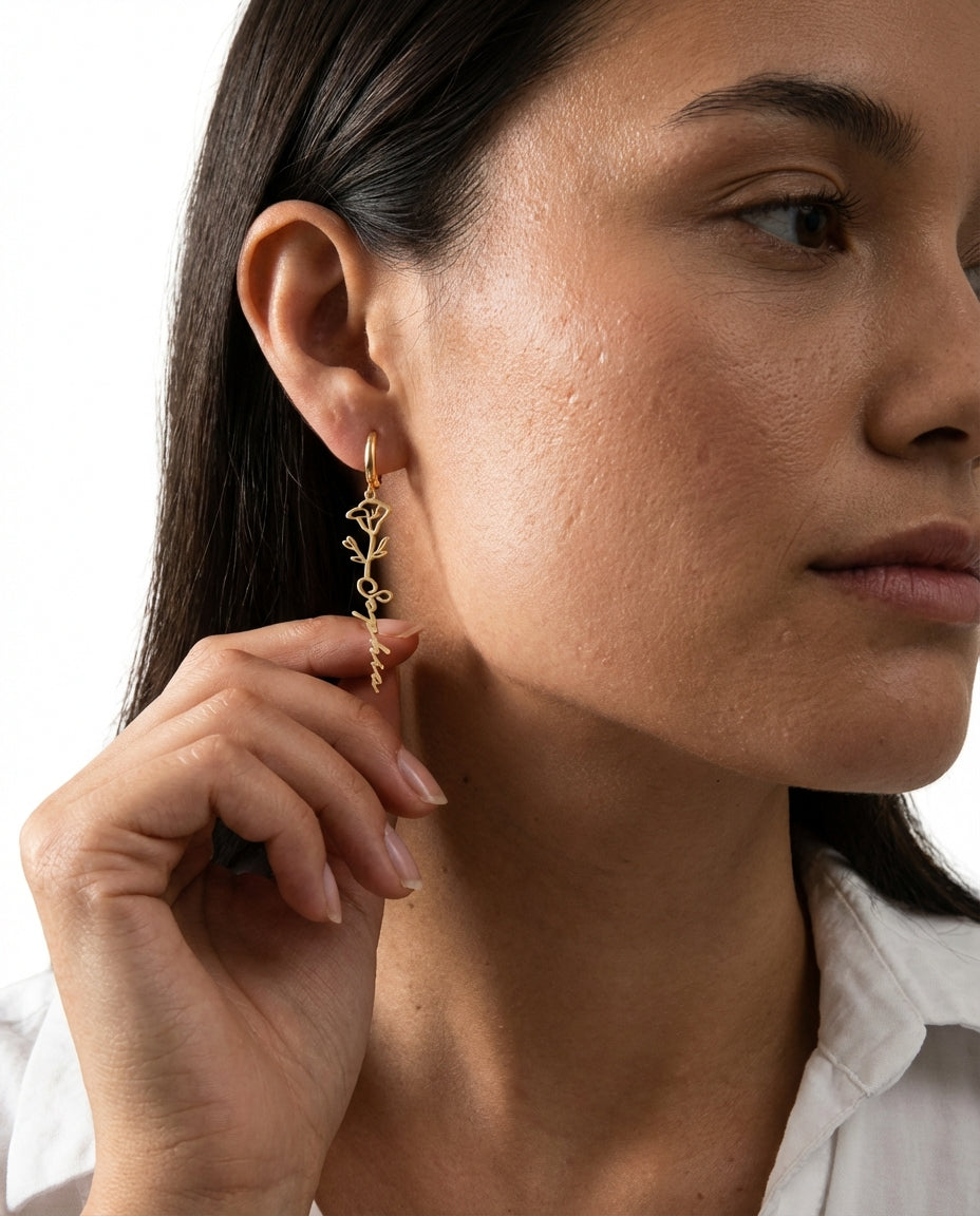 Custom Name Rose Earrings, Personalized Gold Flower Dangle Earrings