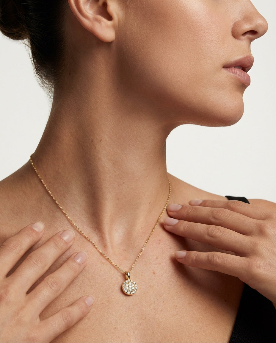 14k Gold Halo Necklace - 925k Sterling Silver