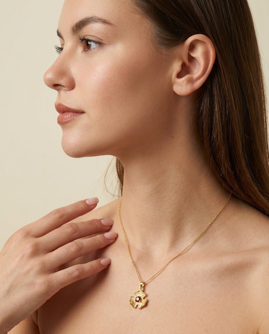 Abstract Floral Pendant Necklace with Birthstone