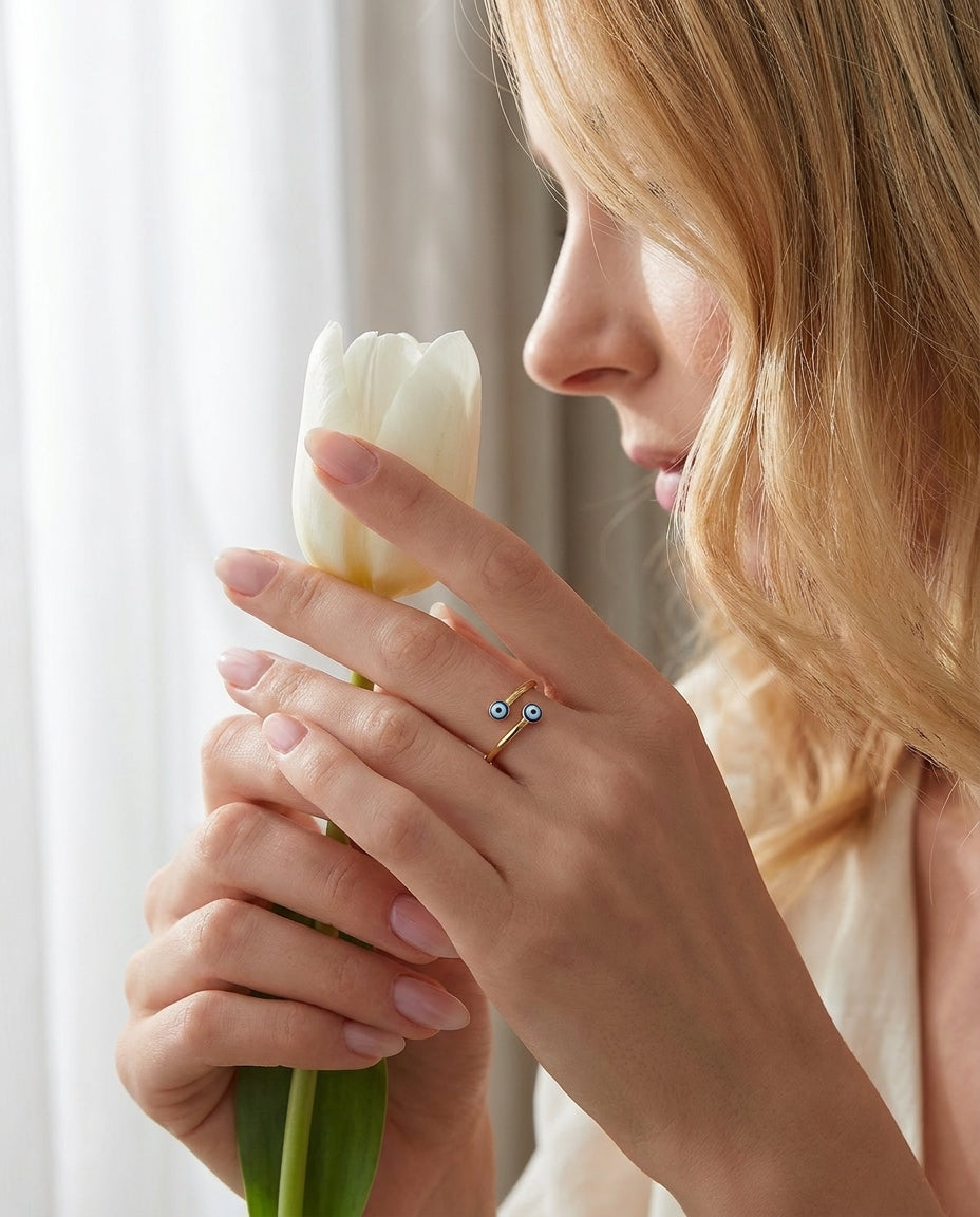 Dainty Gold Double Evil Eye Open Ring - Adjustable Amulet