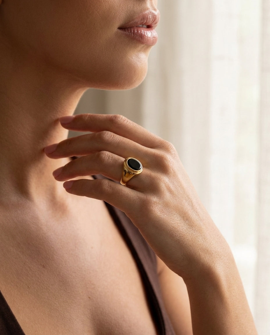 Women and Men Gold Signet Ring with Black Onyx