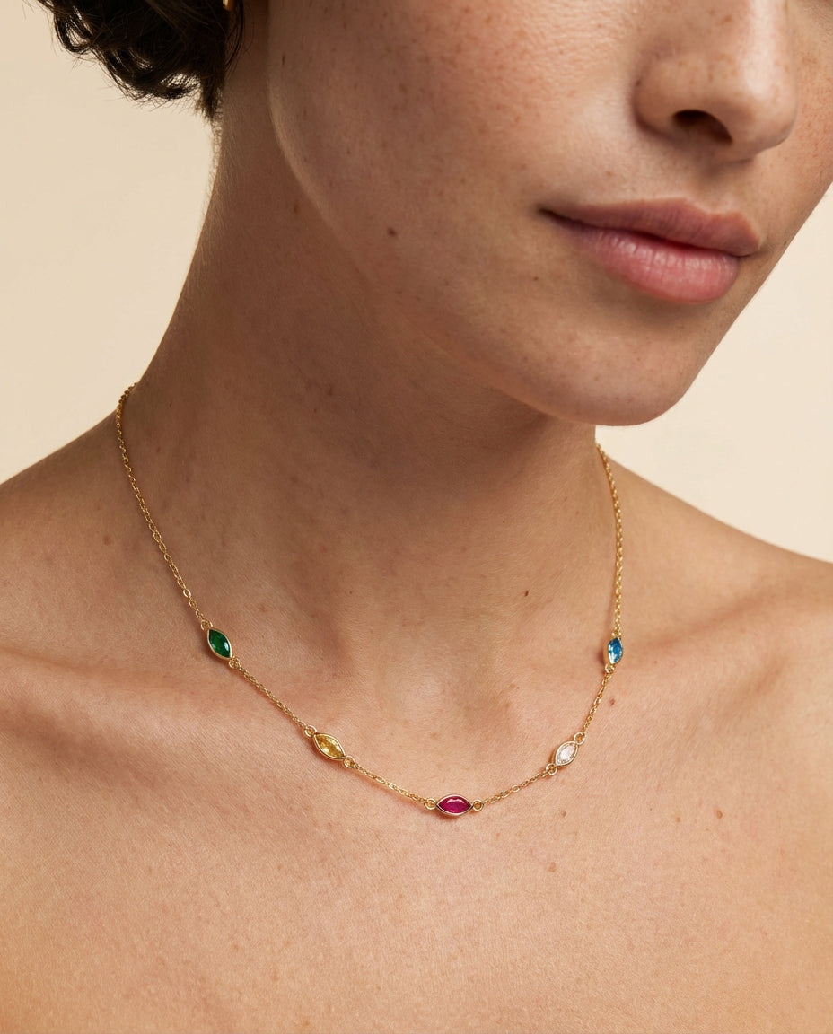 Minimalist Birthstone Necklace , Dainty Gold Chain with Colorful Gems - 925k Sterling Silver