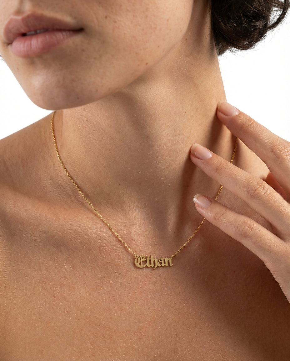 Personalized Name Necklace, Gothic Gold Name Necklace