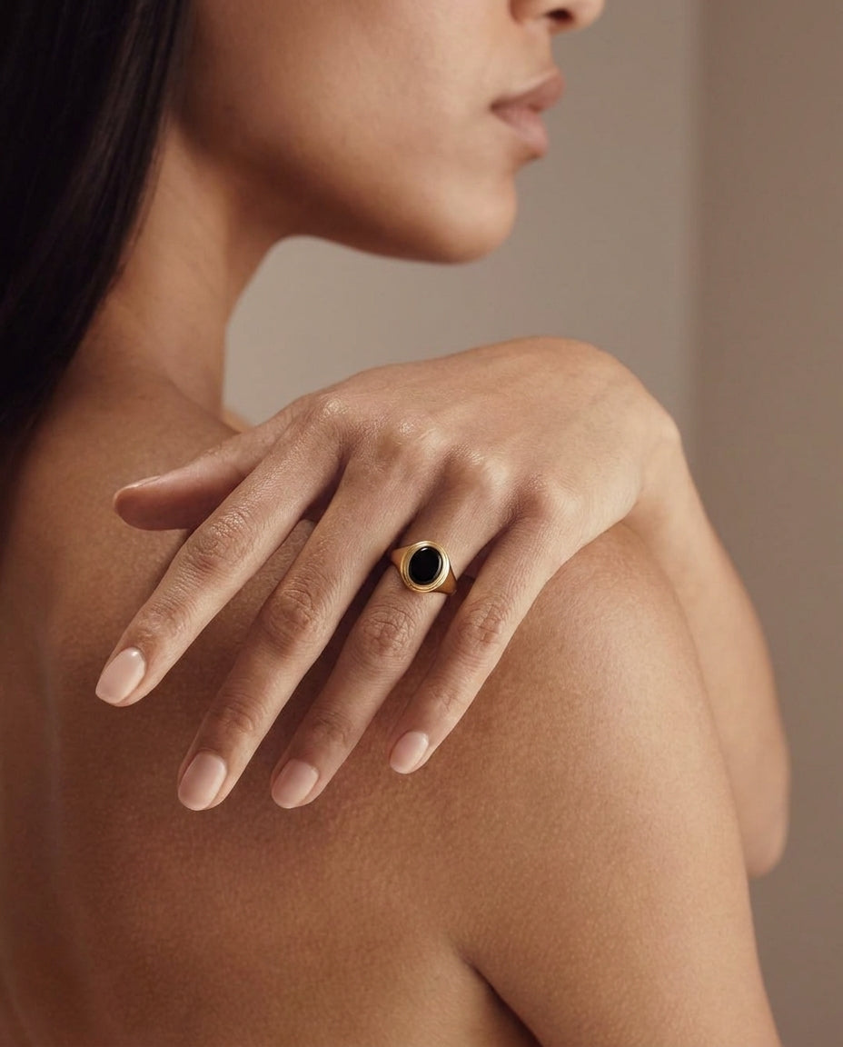 Women and Men Gold Signet Ring with Black Onyx