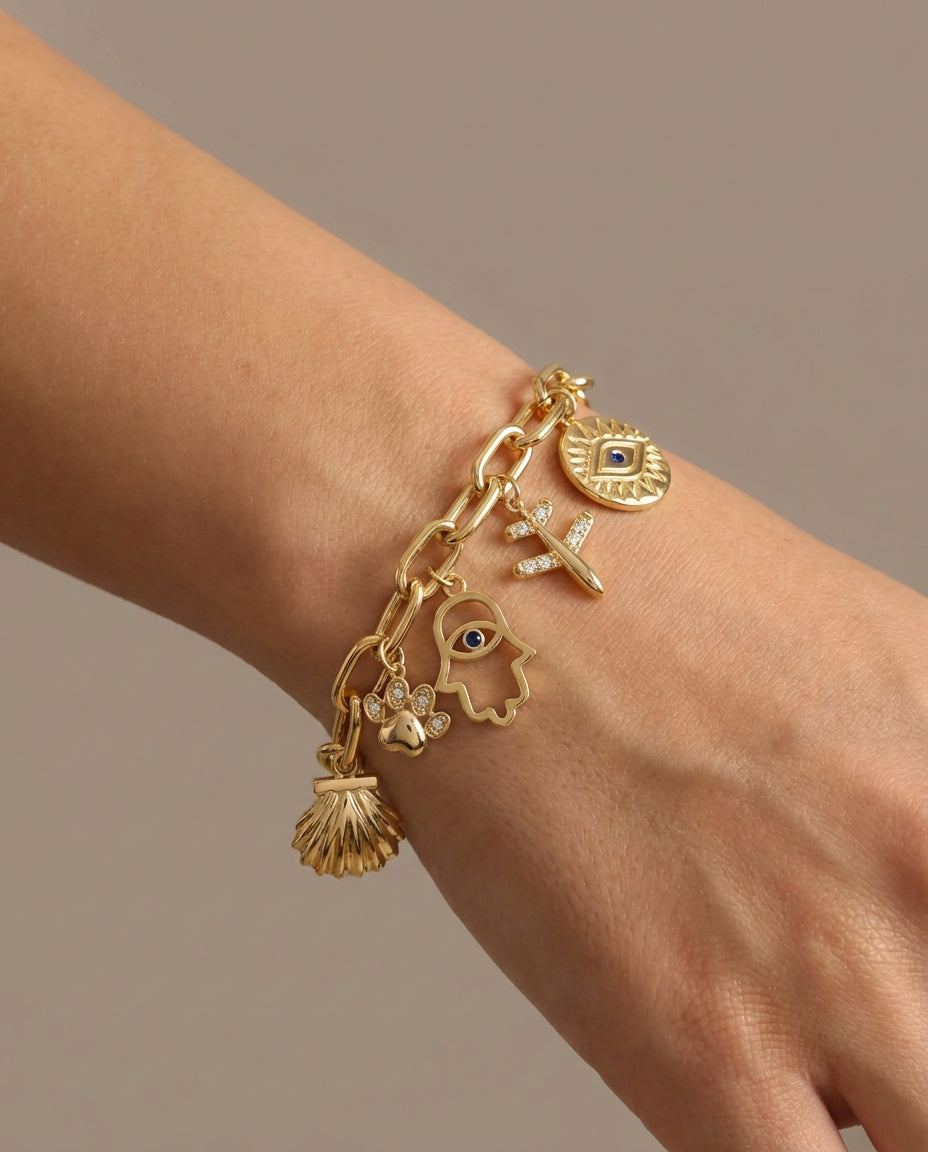 Gold Charm Bracelet with Evil Eye, Paw & Shell Bracelet - Charm Bracelet