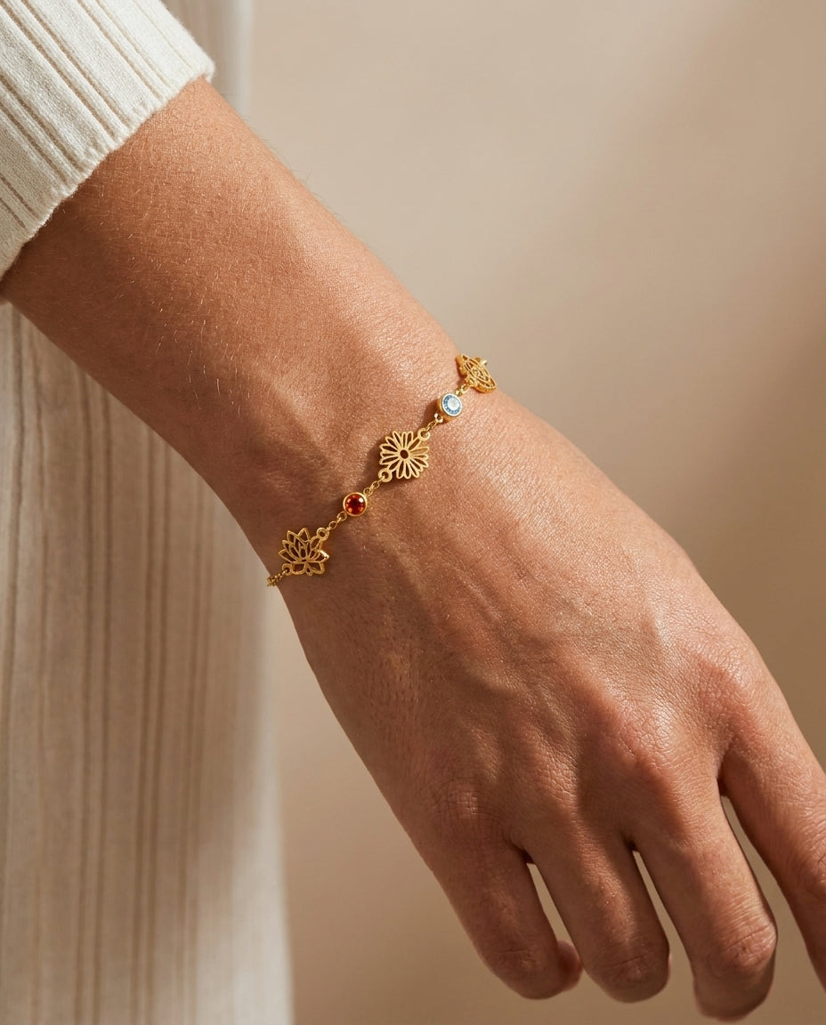 Dainty Gold Flower Charm Bracelet with Gemstones