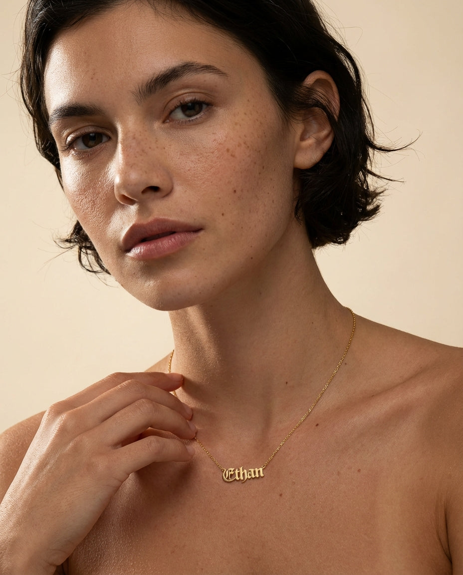 Personalized Name Necklace, Gothic Gold Name Necklace