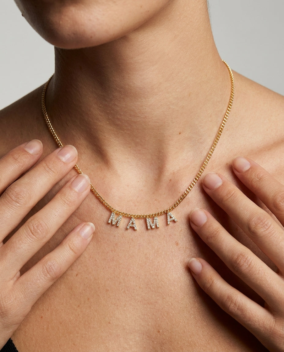 Pave Diamond MAMA Letter Necklace - Gold Curb Chain