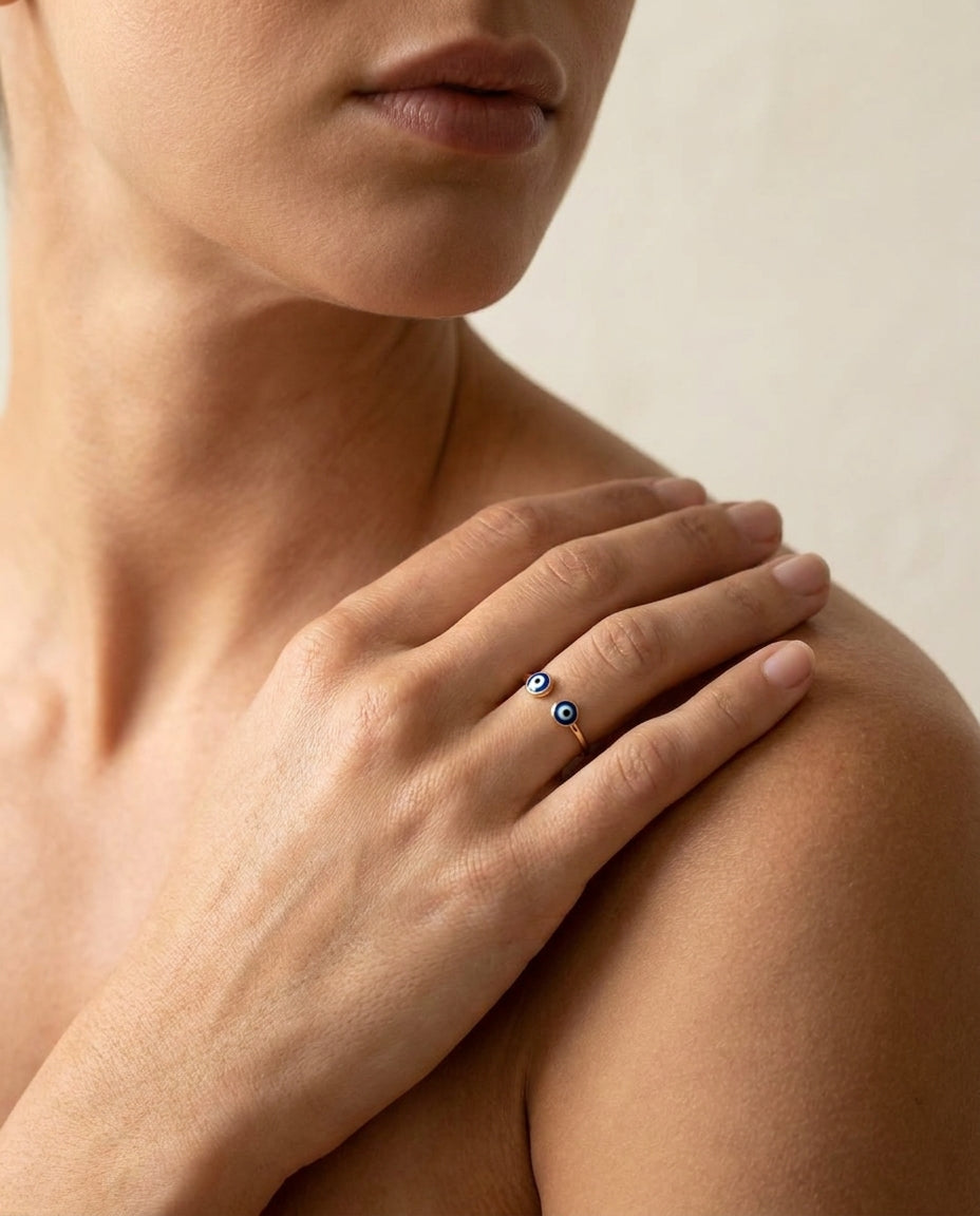 Gold Double Evil Eye Open Cuff Ring