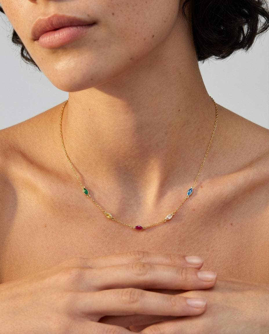 Minimalist Birthstone Necklace , Dainty Gold Chain with Colorful Gems - 925k Sterling Silver