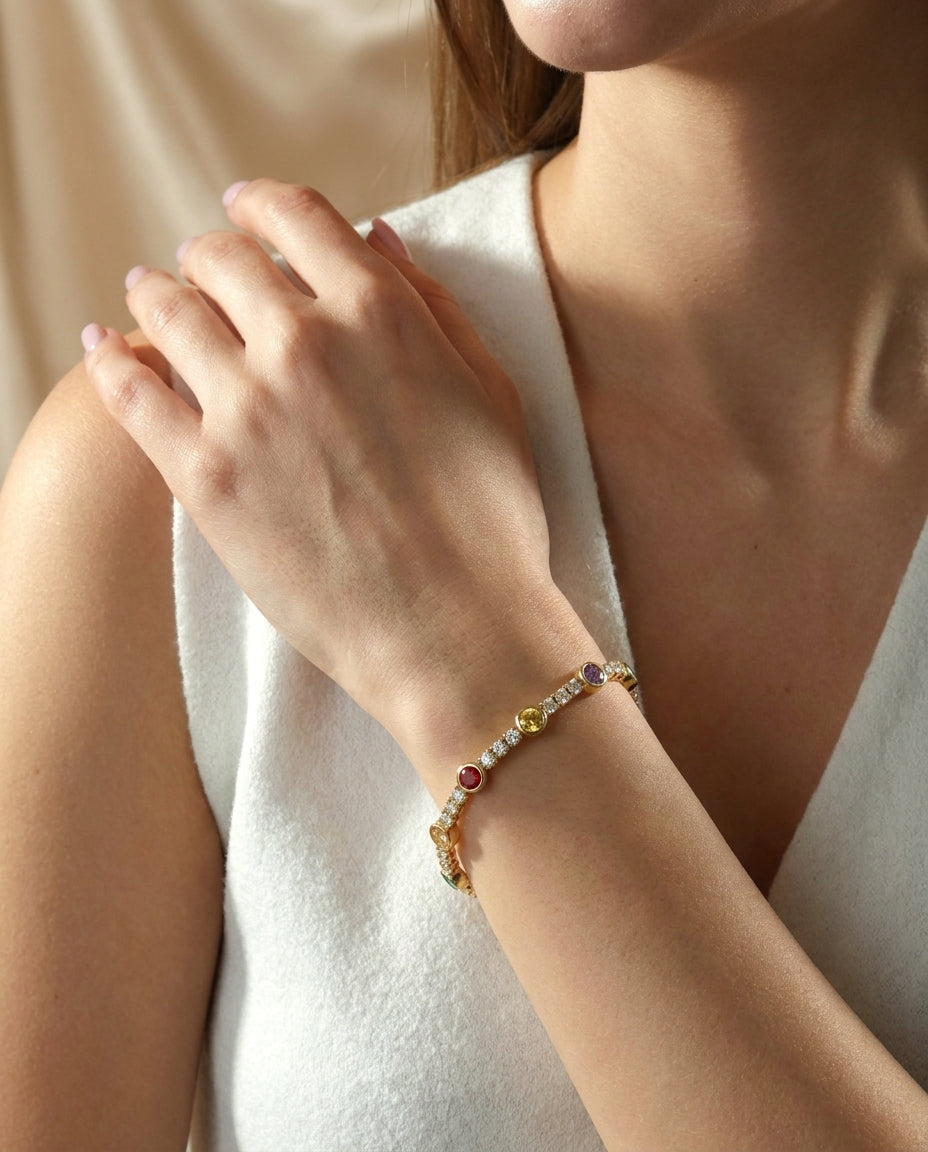 Radiant Rainbow Gemstone Tennis Bracelet in Gold - Birthstone Jewelry