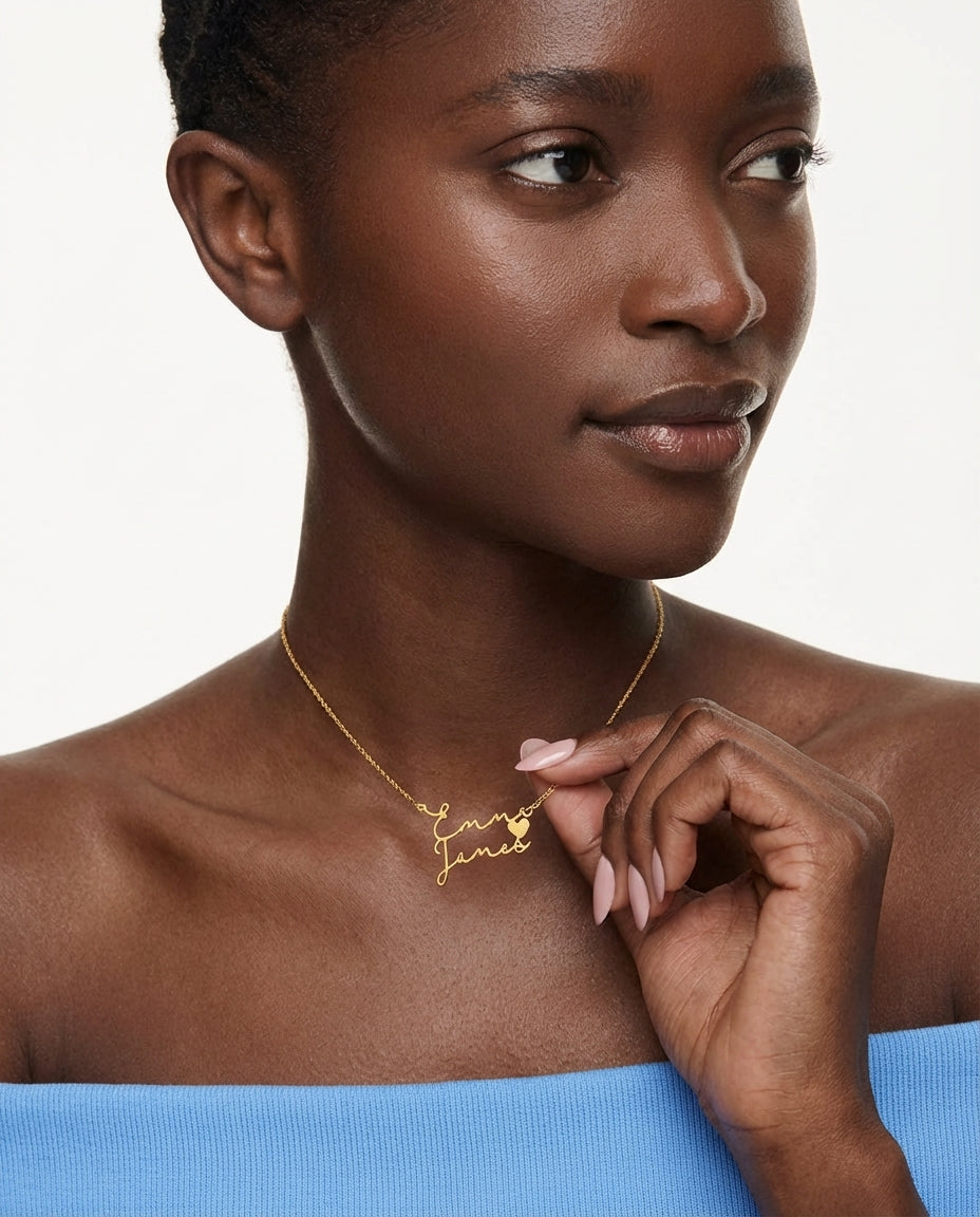 Personalized Double Name Necklace with Heart - Custom Gold Jewelry