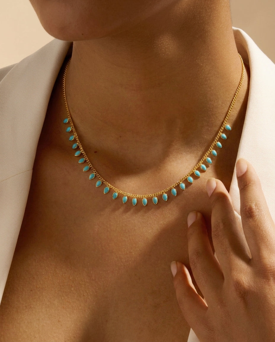 Dainty Gold Necklace with Turquoise Teardrops