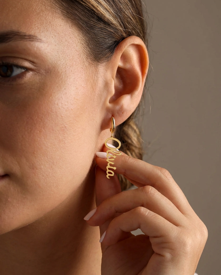 Personalized Gold Name Earring - Custom Dangle Hoop Jewelry