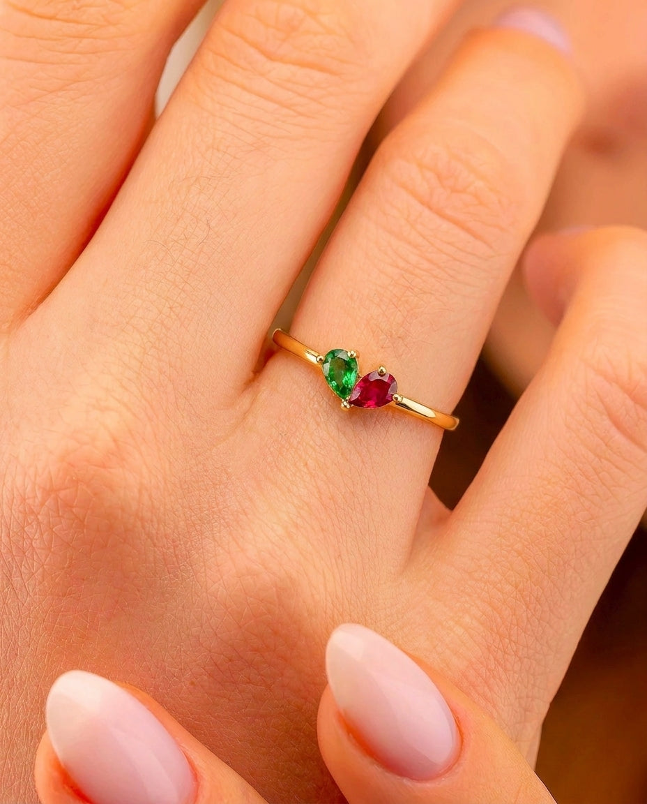 Romantic Toi et Moi Ring with Dual Pear Birthstone
