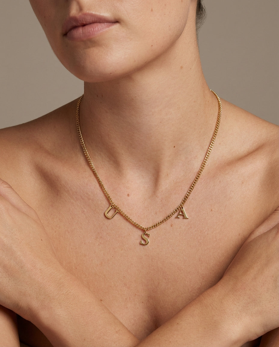 Drop Initial Pendant Necklace with Curb Chain - Initial Jewelry