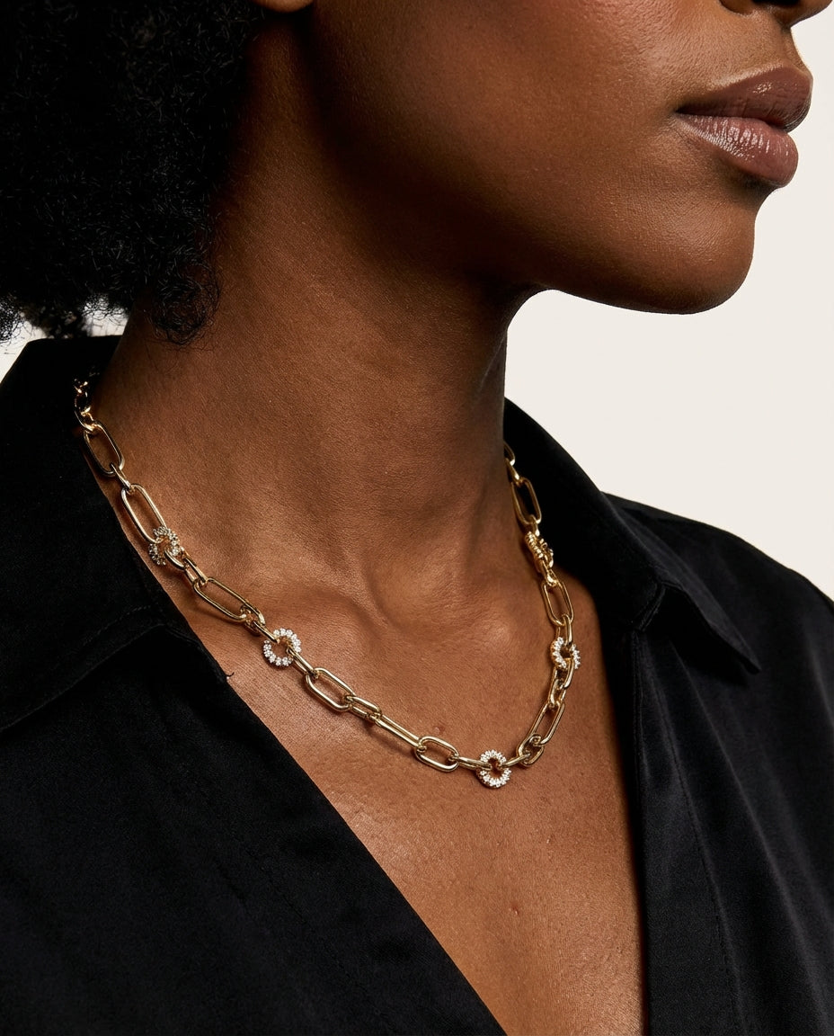 Gold Paperclip Chain Necklace with Sparkling CZ Accents