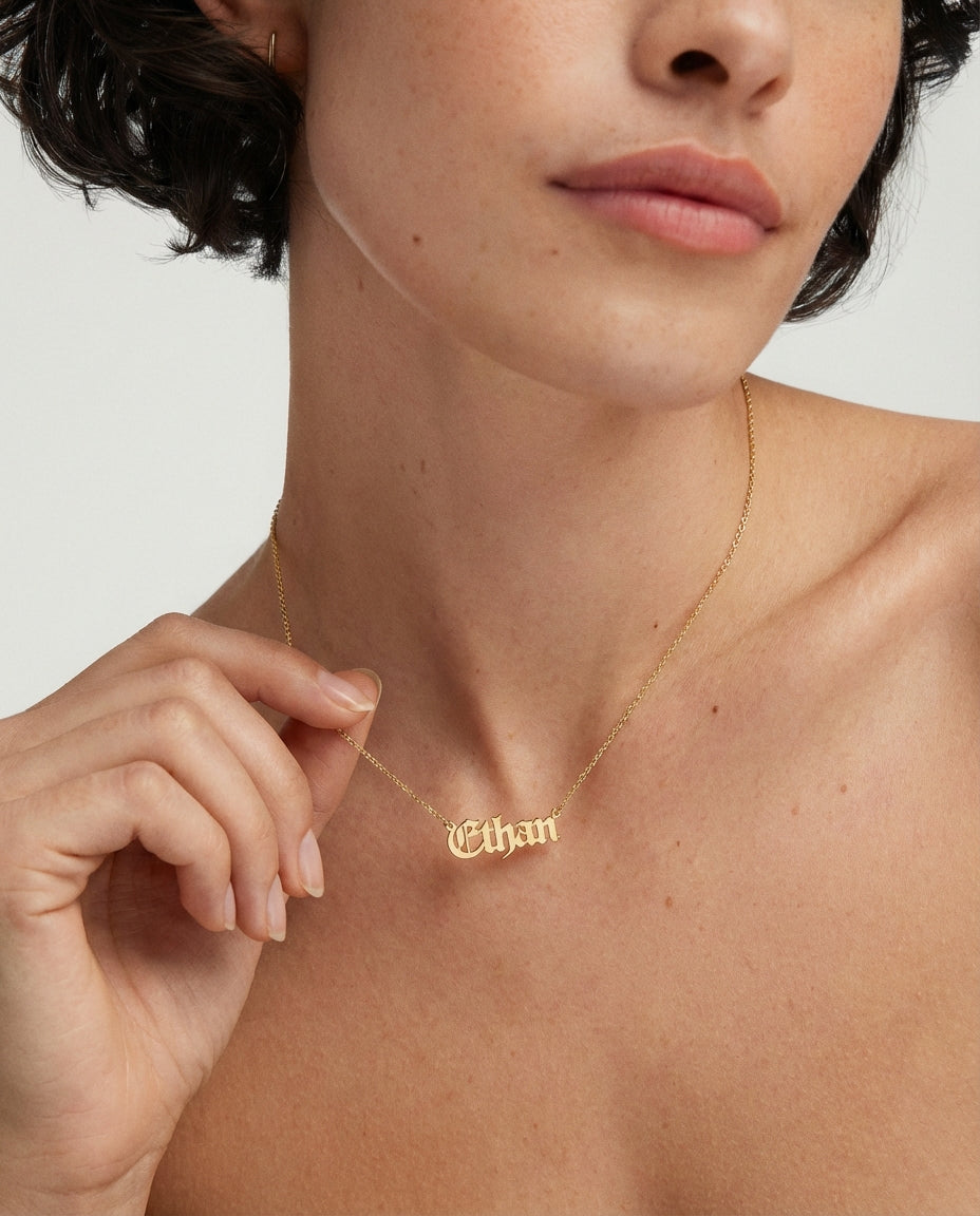 Personalized Name Necklace, Gothic Gold Name Necklace