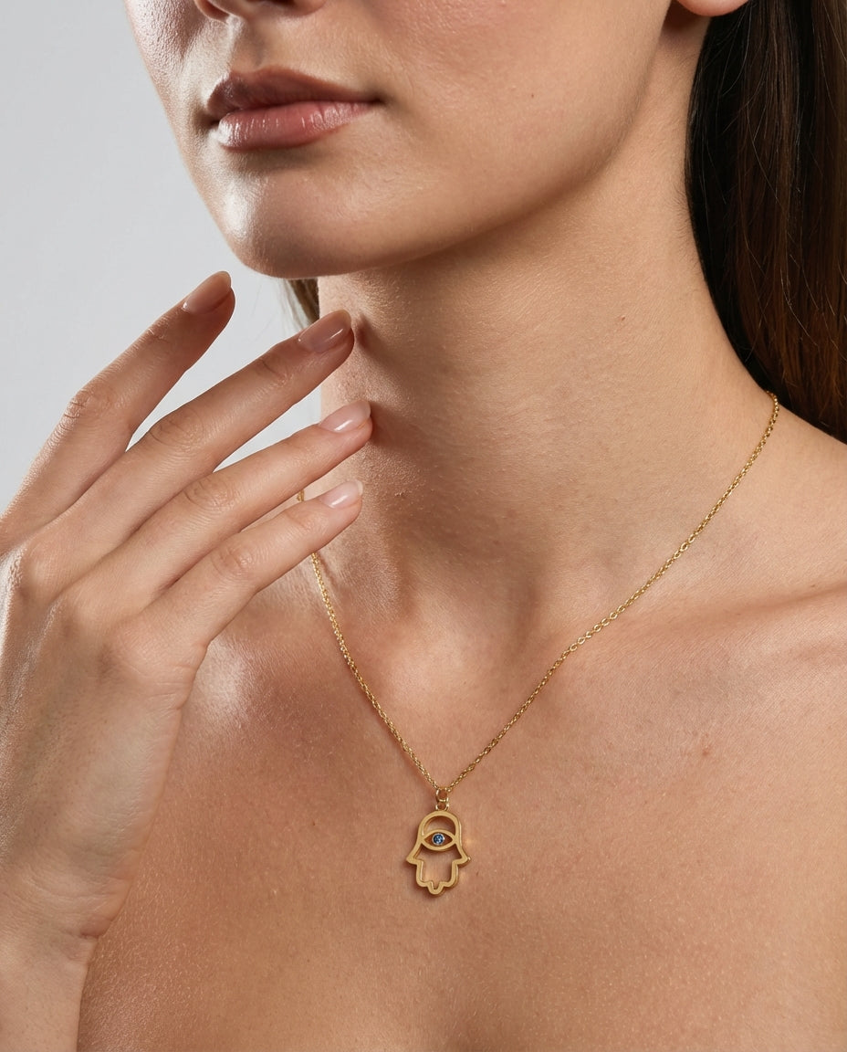 Sapphire Hamsa Hand Necklace, Protection Amulet - Protection Jewelry