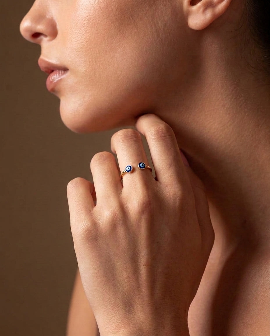 Gold Double Evil Eye Open Cuff Ring