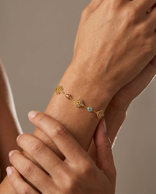 Dainty Gold Flower Charm Bracelet with Gemstones