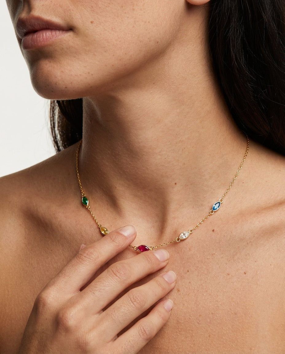 Minimalist Birthstone Necklace , Dainty Gold Chain with Colorful Gems - 925k Sterling Silver