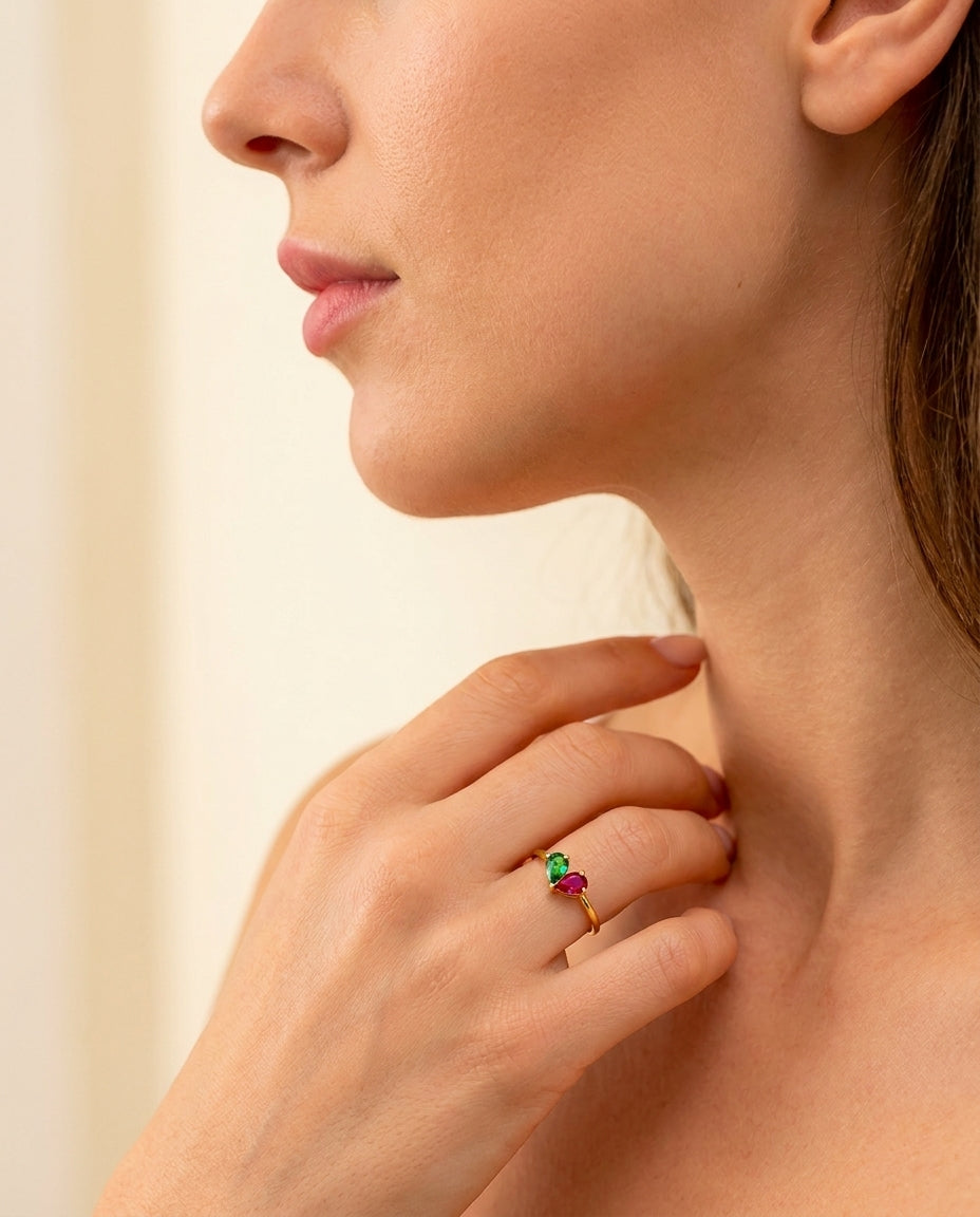 Romantic Toi et Moi Ring with Dual Pear Birthstone