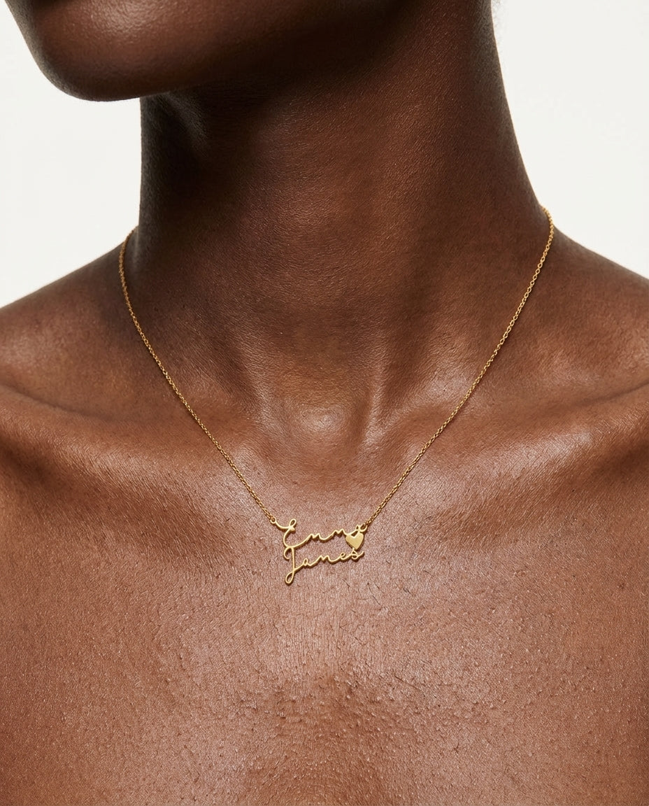 Personalized Double Name Necklace with Heart - Custom Gold Jewelry