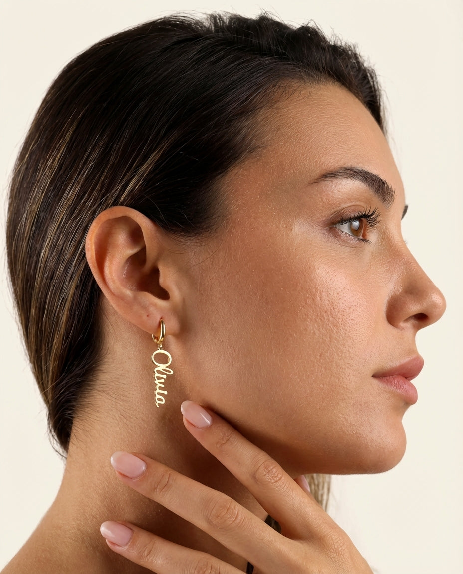 Personalized Gold Name Earring - Custom Dangle Hoop Jewelry