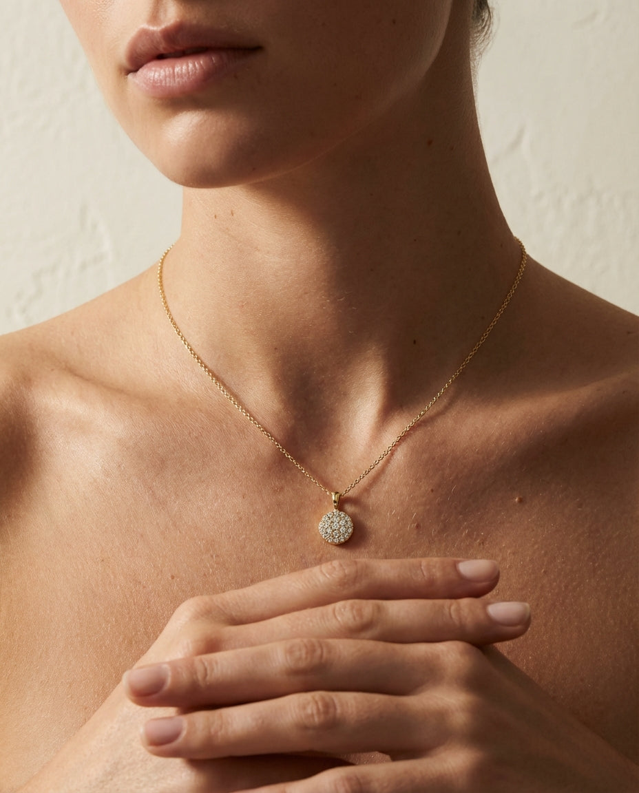 14k Gold Halo Necklace - 925k Sterling Silver