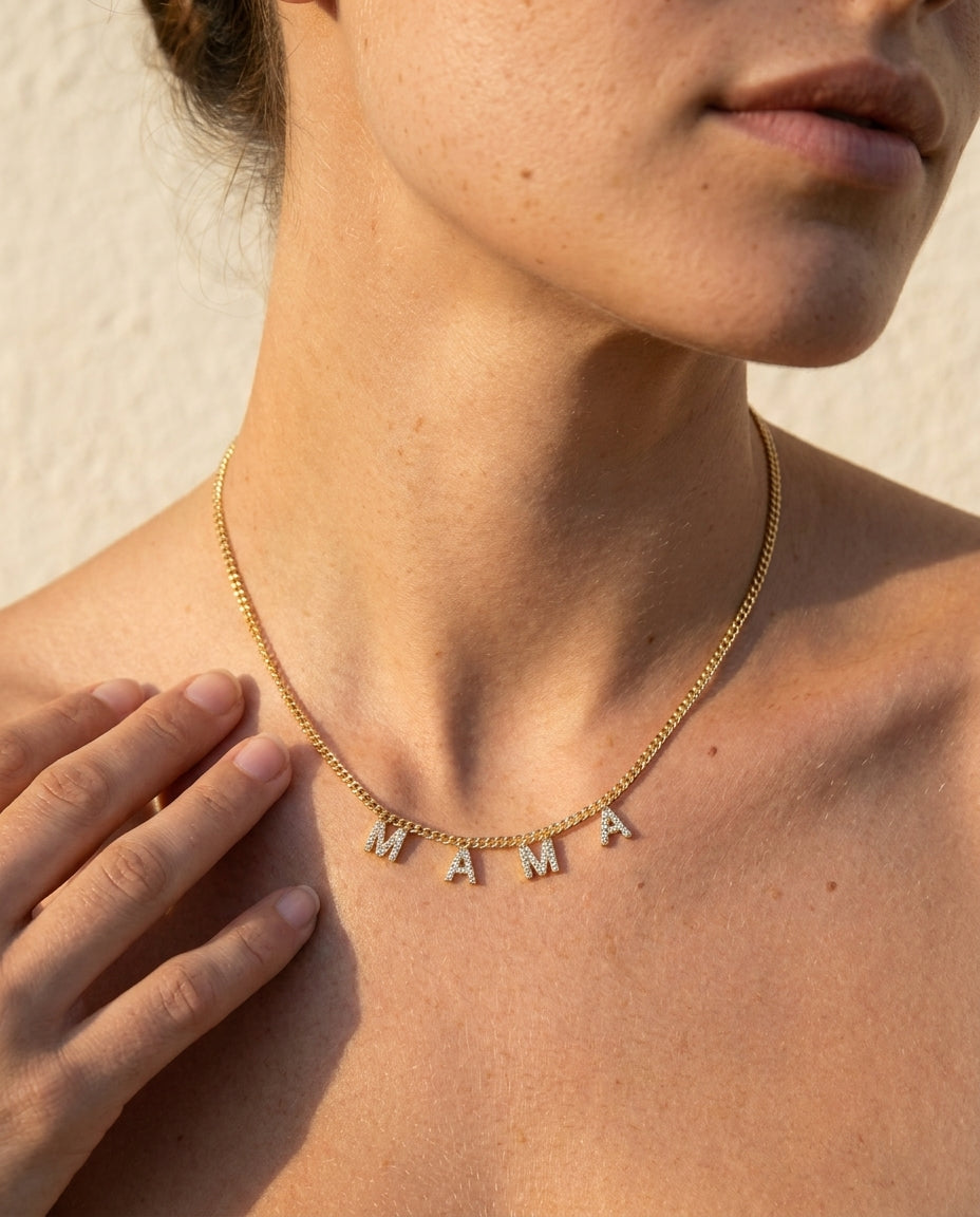 Pave Diamond MAMA Letter Necklace - Gold Curb Chain