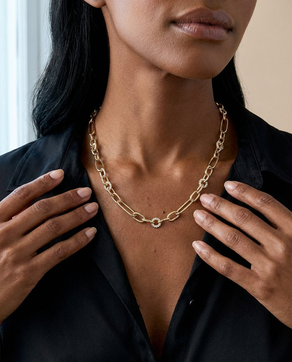 Gold Paperclip Chain Necklace with Sparkling CZ Accents