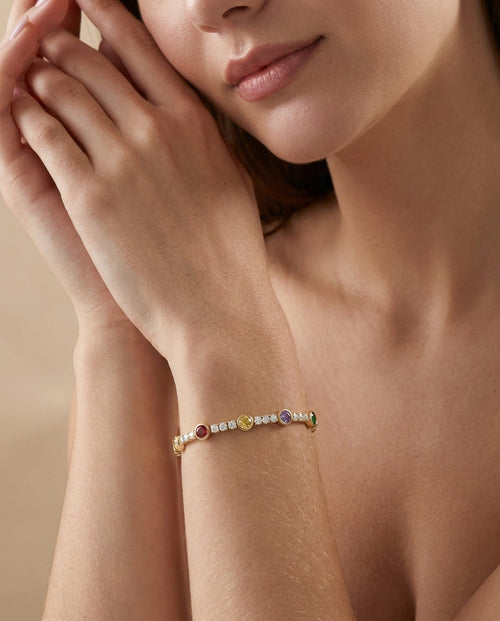 Radiant Rainbow Gemstone Tennis Bracelet in Gold - Birthstone Jewelry