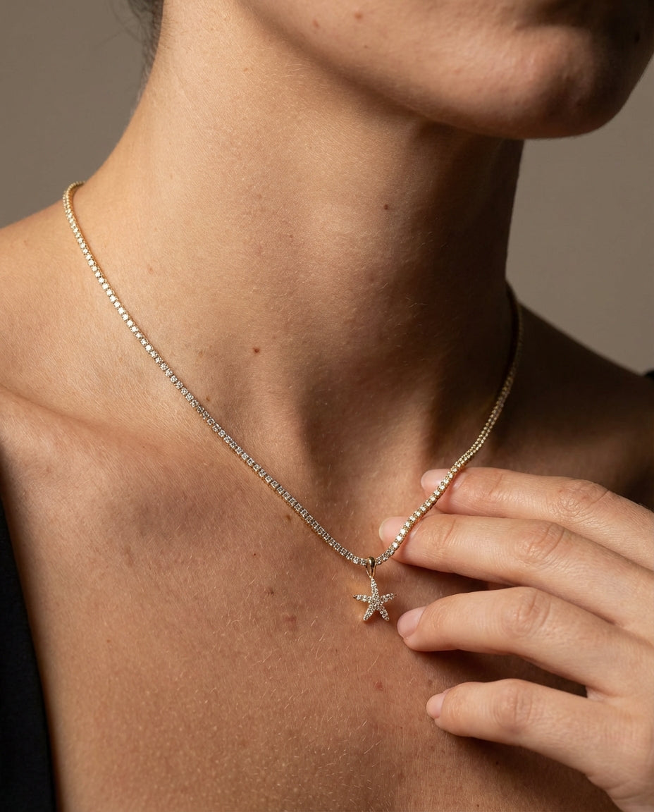 Tennis Chain Starfish Charm Necklace - Tennis Jewelry