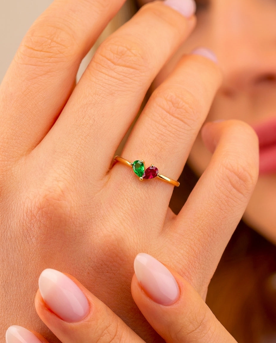 Romantic Toi et Moi Ring with Dual Pear Birthstone
