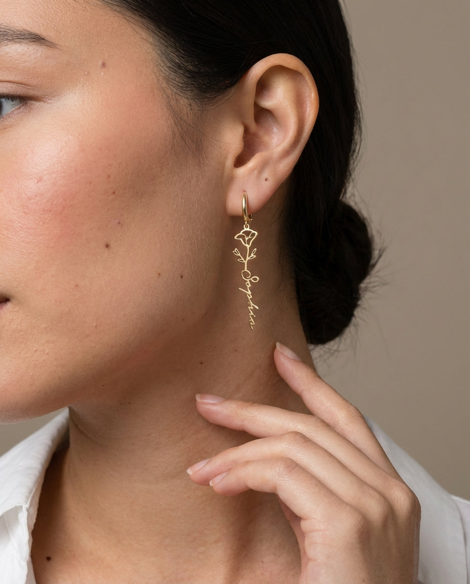Custom Name Rose Earrings, Personalized Gold Flower Dangle Earrings