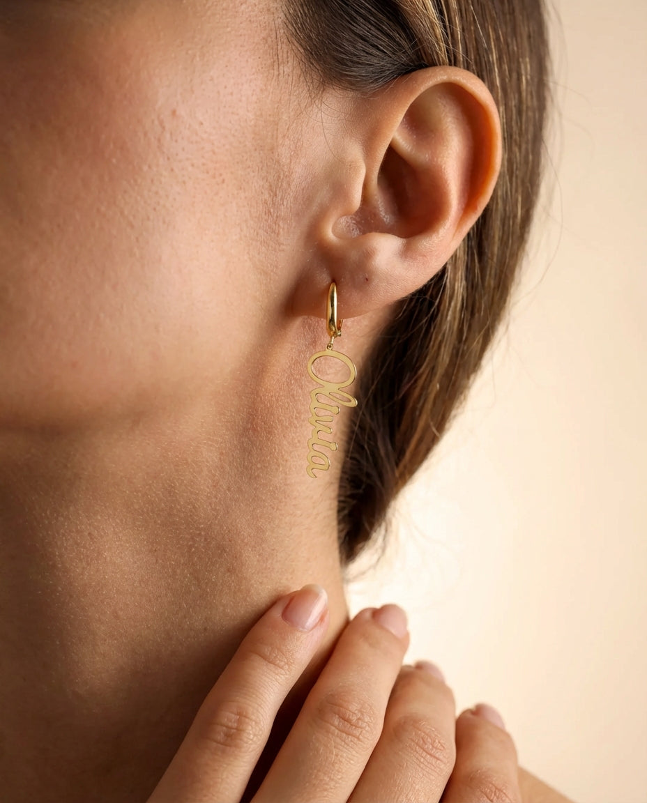 Personalized Gold Name Earring - Custom Dangle Hoop Jewelry