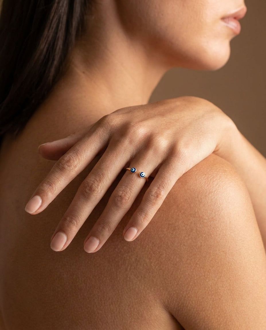 Gold Double Evil Eye Open Cuff Ring