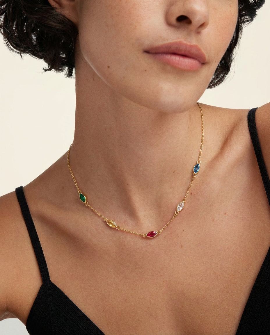 Minimalist Birthstone Necklace , Dainty Gold Chain with Colorful Gems - 925k Sterling Silver