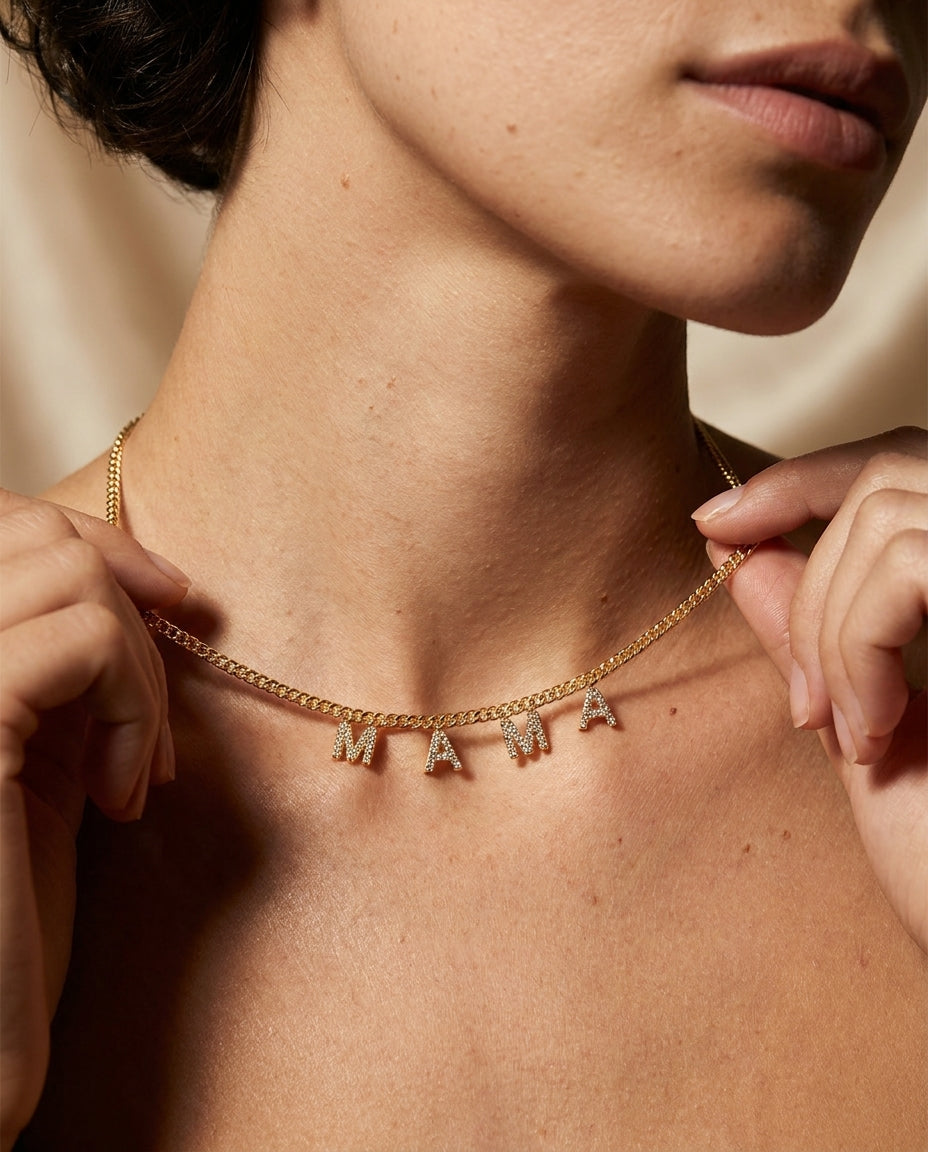 Pave Diamond MAMA Letter Necklace - Gold Curb Chain