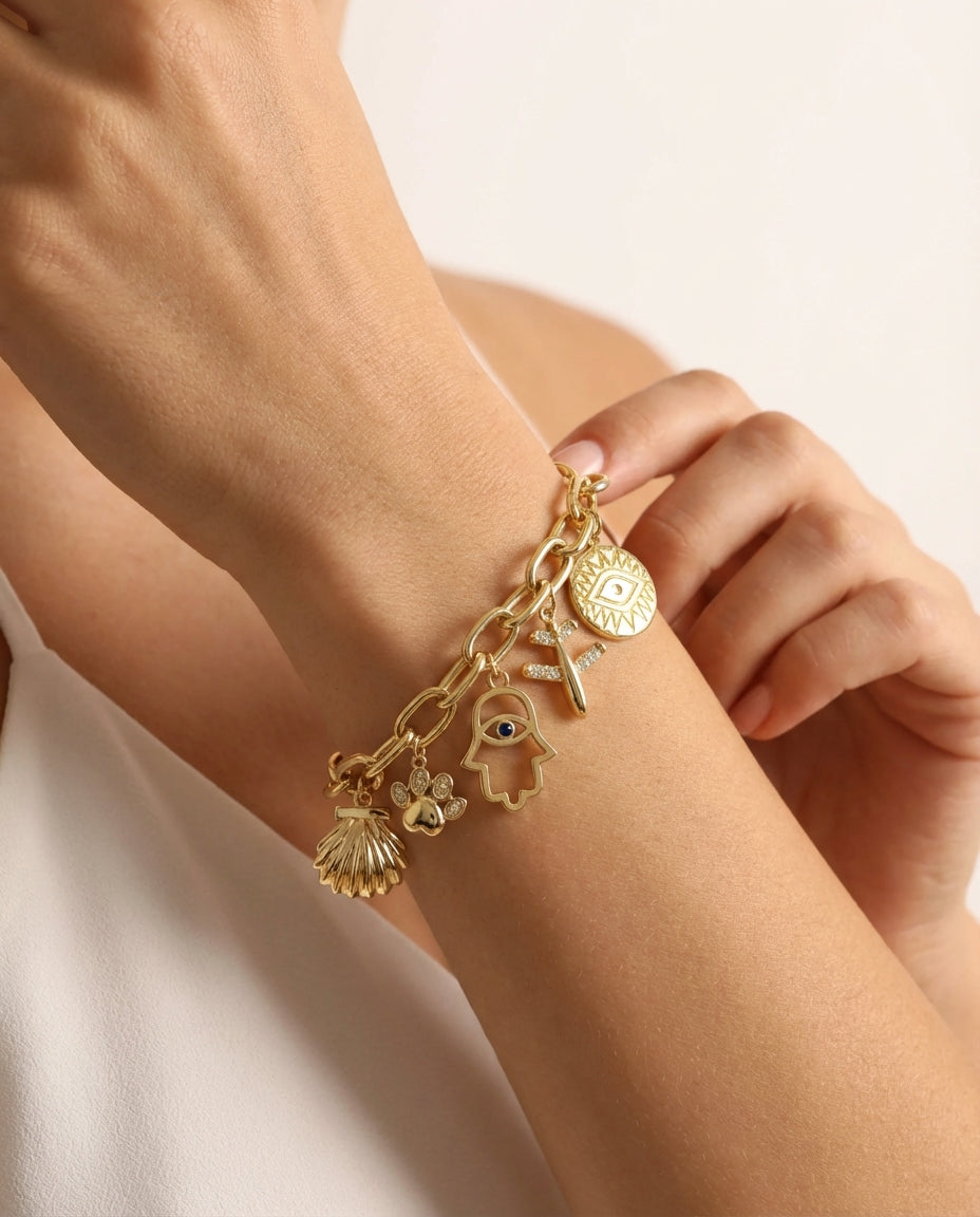 Gold Charm Bracelet with Evil Eye, Paw & Shell Bracelet - Charm Bracelet